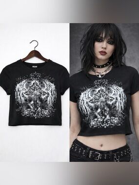 Hot Topic Black Cross Wings Rhinestone Crop Top Tee Medium Y2K Gothic Grunge